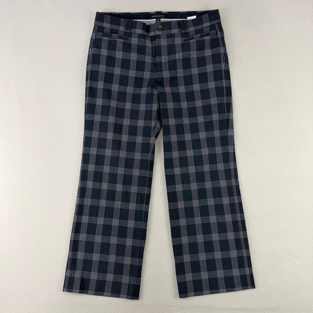 Banana Republic Logan Crop Pants Women 6 Navy Blue Plaid Trousers Stretch Office